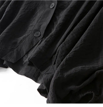 Blusa in lino leggera con maniche a palloncino per donne – Top estivo con scollo a V