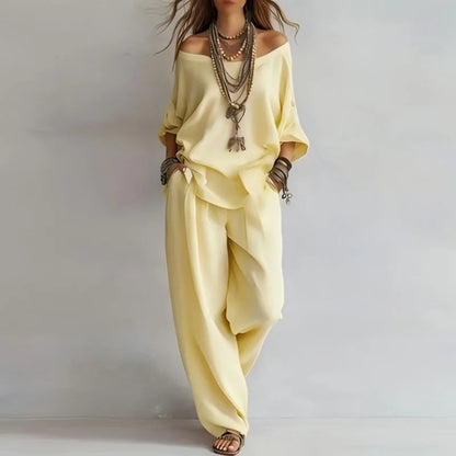 Set due pezzi casual con top senza spalle per donne – Outfit estivo leggero con pantaloni larghi