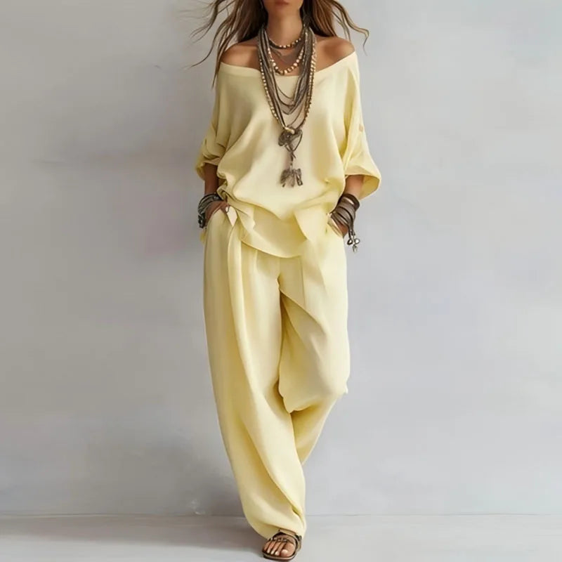 Set due pezzi casual con top off-shoulder per donne – Outfit estivo leggero con pantaloni larghi