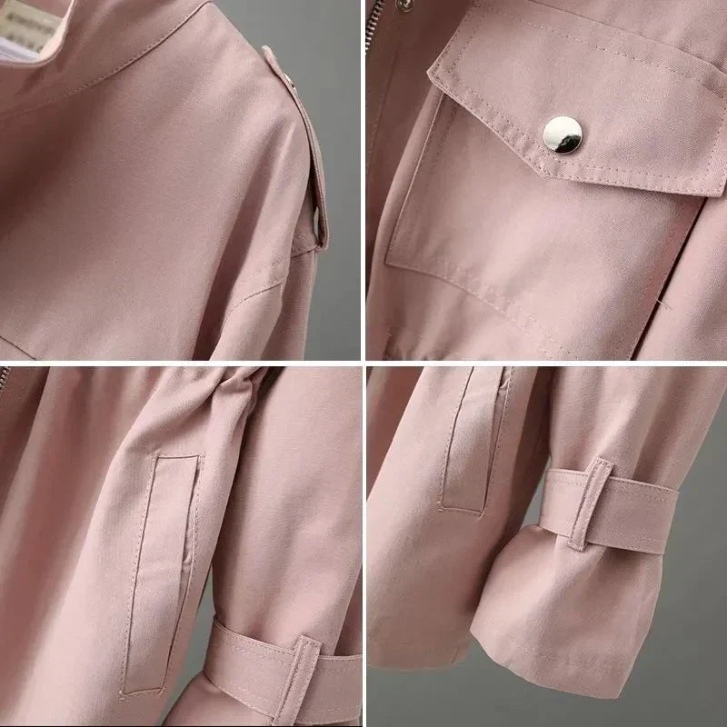 Leggera giacca di transizione per donne con cordoncino in vita, tasche e stile utility moderno