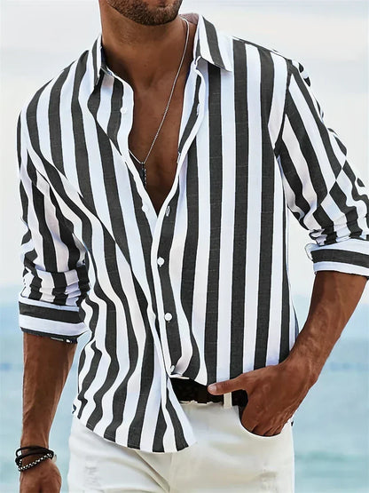 Valentin - Camicia da uomo estiva – Tessuto misto lino/cotone con righe azzurro chiaro e taglio casual