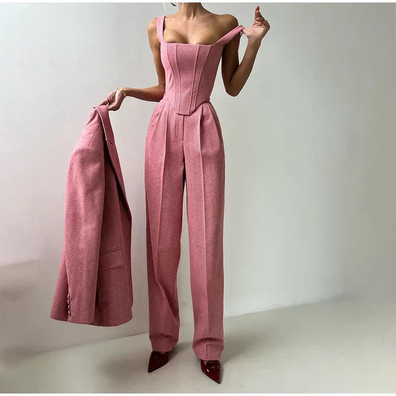 Maëlyse - Completo Tre Pezzi Power Elegance Blazer, Top Corsetto con Zip e Pantaloni a Vita Alta