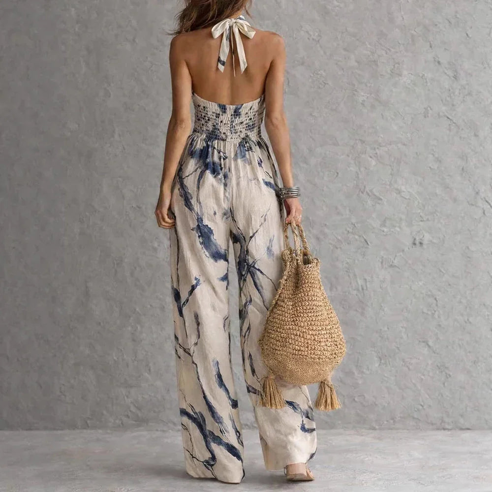 Elegante Jumpsuit con Collo Halter per Donne – Overall Leggero con Stampa e Gamba Larga