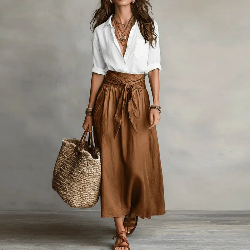 Elegante set a due pezzi con blusa per donne – Maxi gonna fluida con cintura