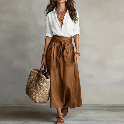Elegante set a due pezzi con blusa per donne – Maxi gonna fluida con cintura