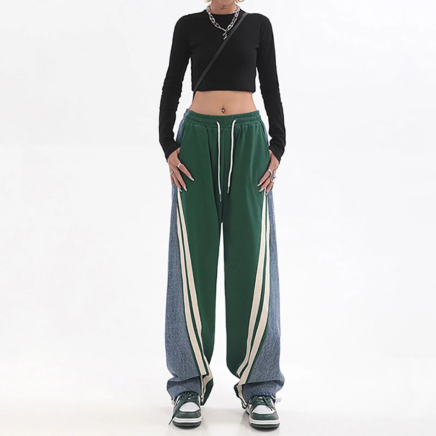 Pantaloni jogging colorblock casual con strisce laterali per donne – Pantaloni larghi streetwear
