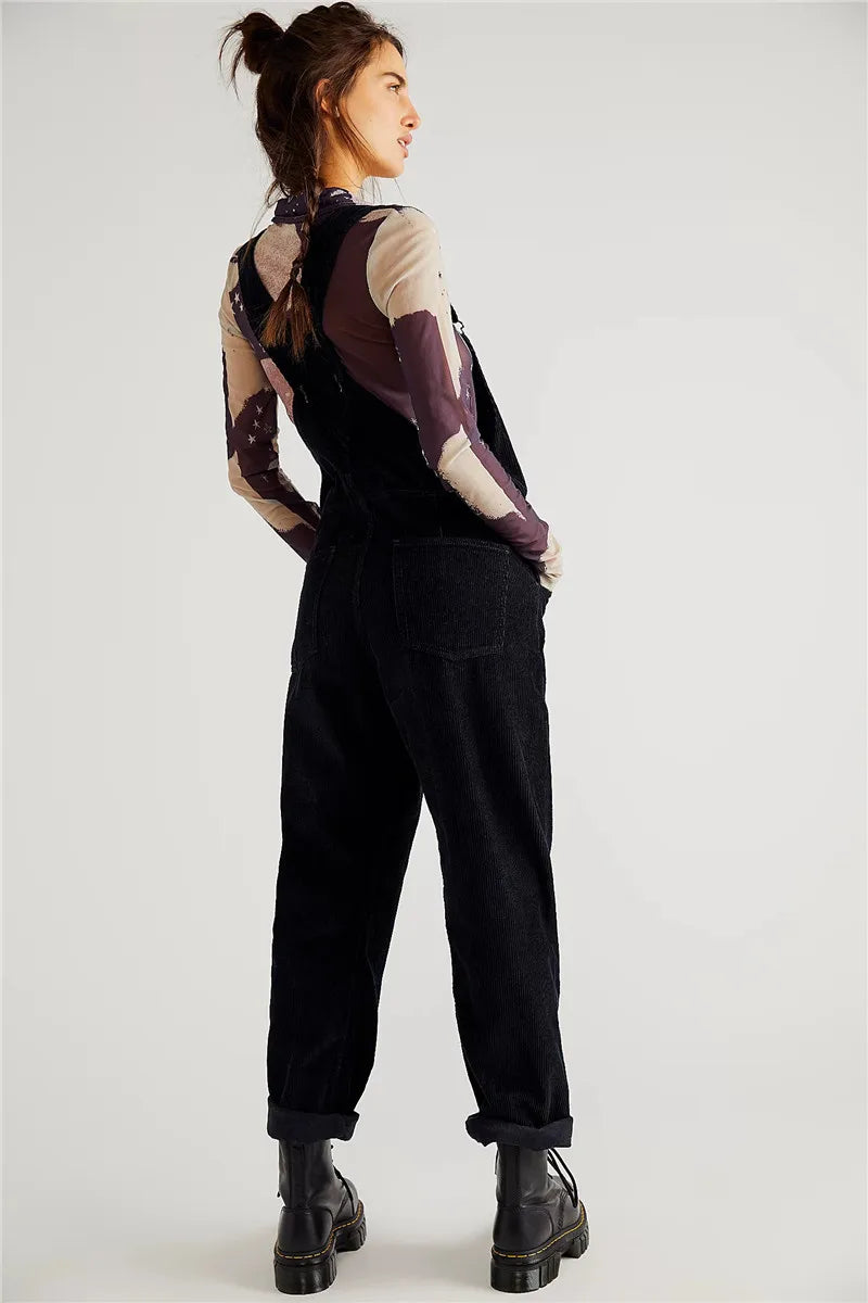 Pantaloni salopette casual da donna in corda con bretelle regolabili e tasche