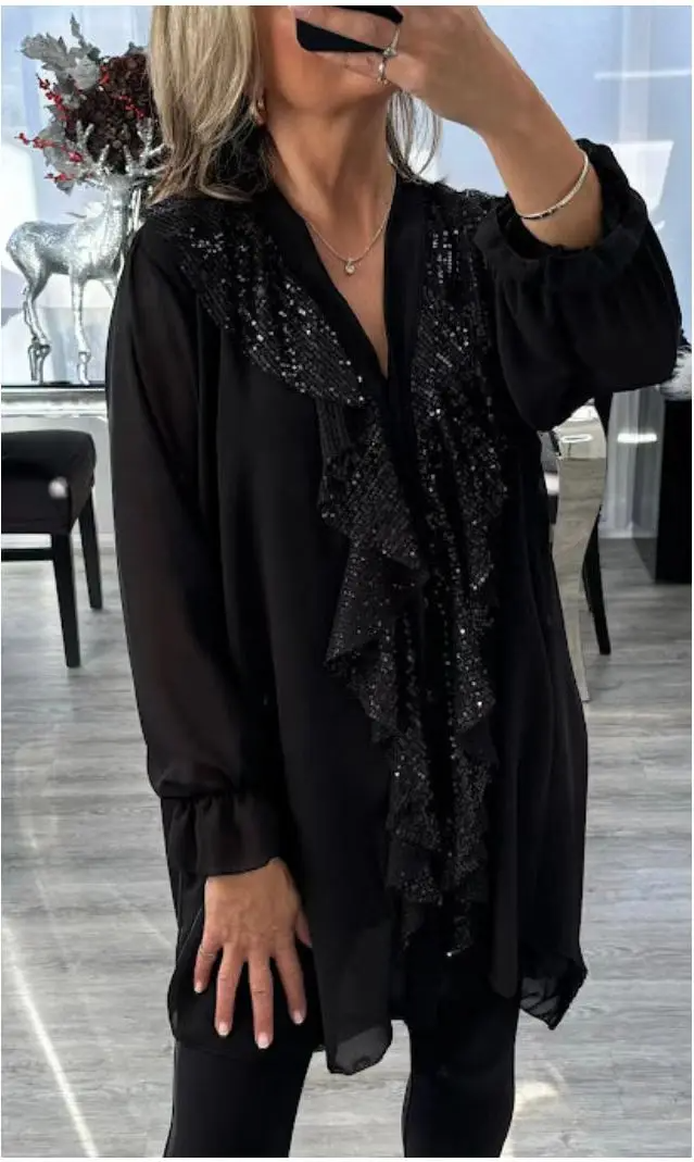 Noésa - Abito camicia per donne con maniche lunghe, taglio a A, con volant scintillanti