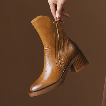 Eleganti Stivaletti in Pelle per Donna con Tacco a Blocco – Stivali Comodi con Cerniera