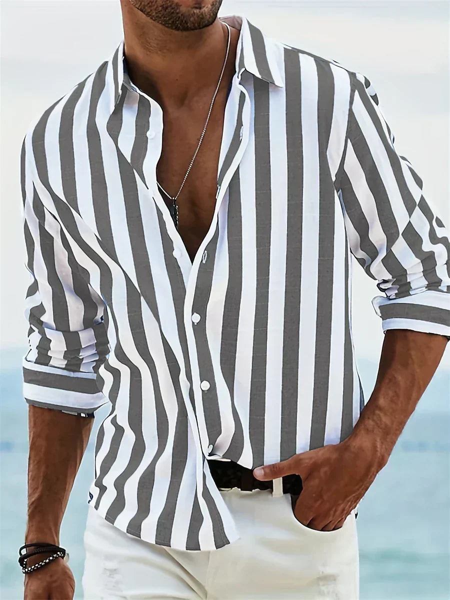 Valentin - Camicia da uomo estiva – Tessuto misto lino/cotone con righe azzurro chiaro e taglio casual