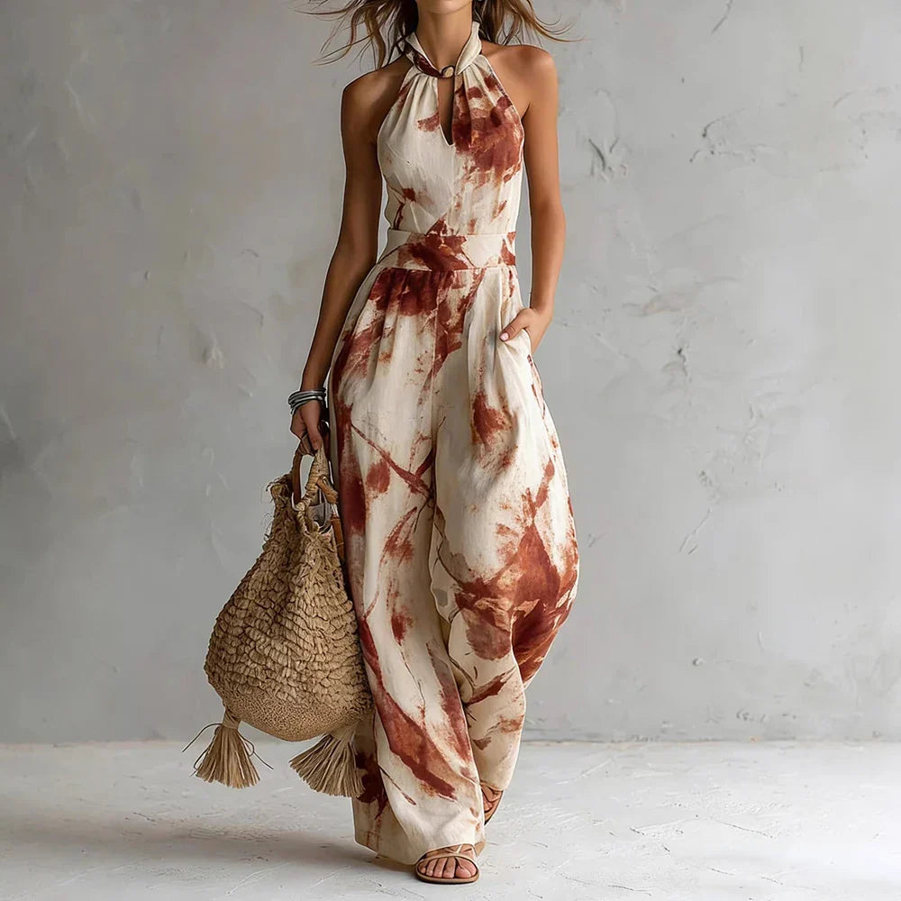Elegante Jumpsuit con Collo Halter per Donne – Overall Leggero con Stampa e Gamba Larga