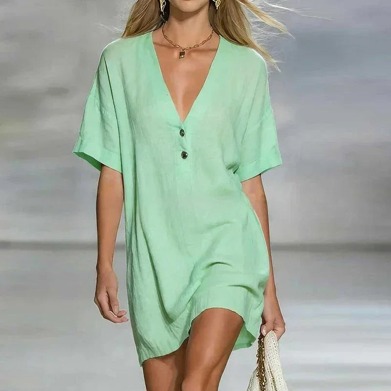 Abito mini casual con scollo a V per donne – Abito estivo leggero con bottoni