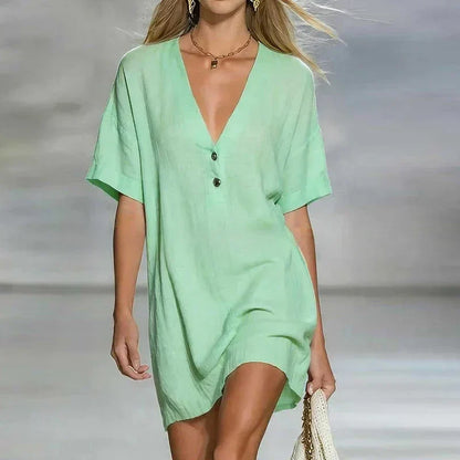 Abito mini casual con scollo a V per donne – Abito estivo leggero con bottoni