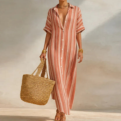 Abito camicia leggero con motivo a righe per donne – Elegante maxiabito per estate e vacanze