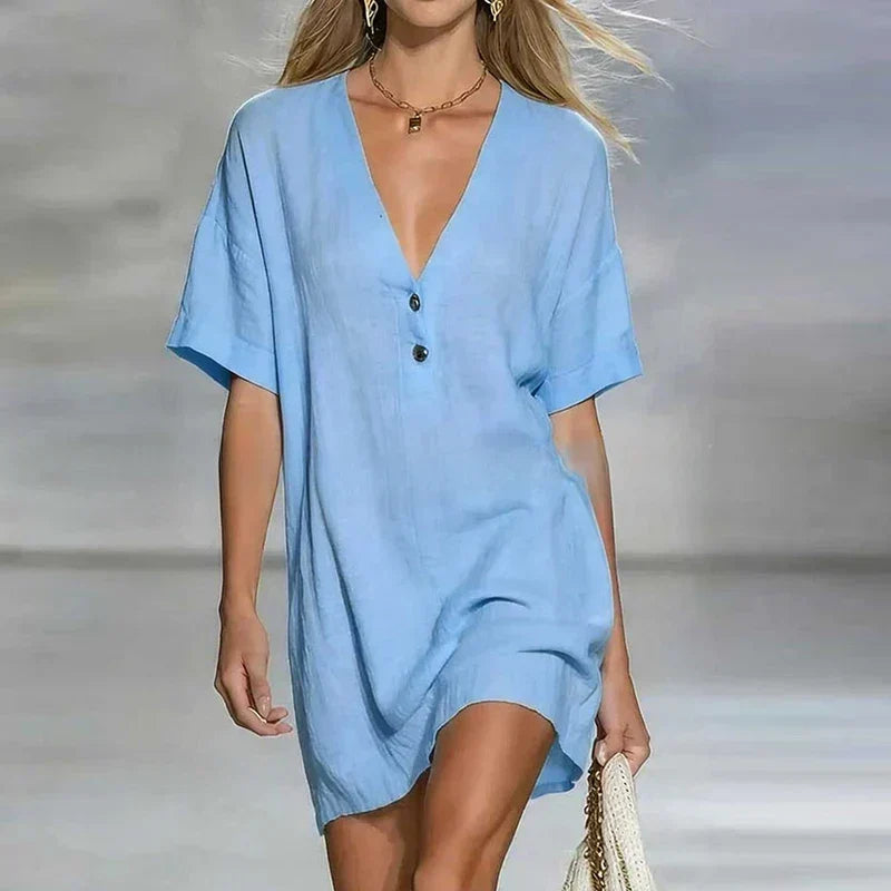 Abito mini casual con scollo a V per donne – Abito estivo leggero con bottoni