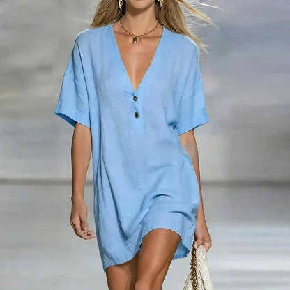 Abito mini casual con scollo a V per donne – Abito estivo leggero con bottoni