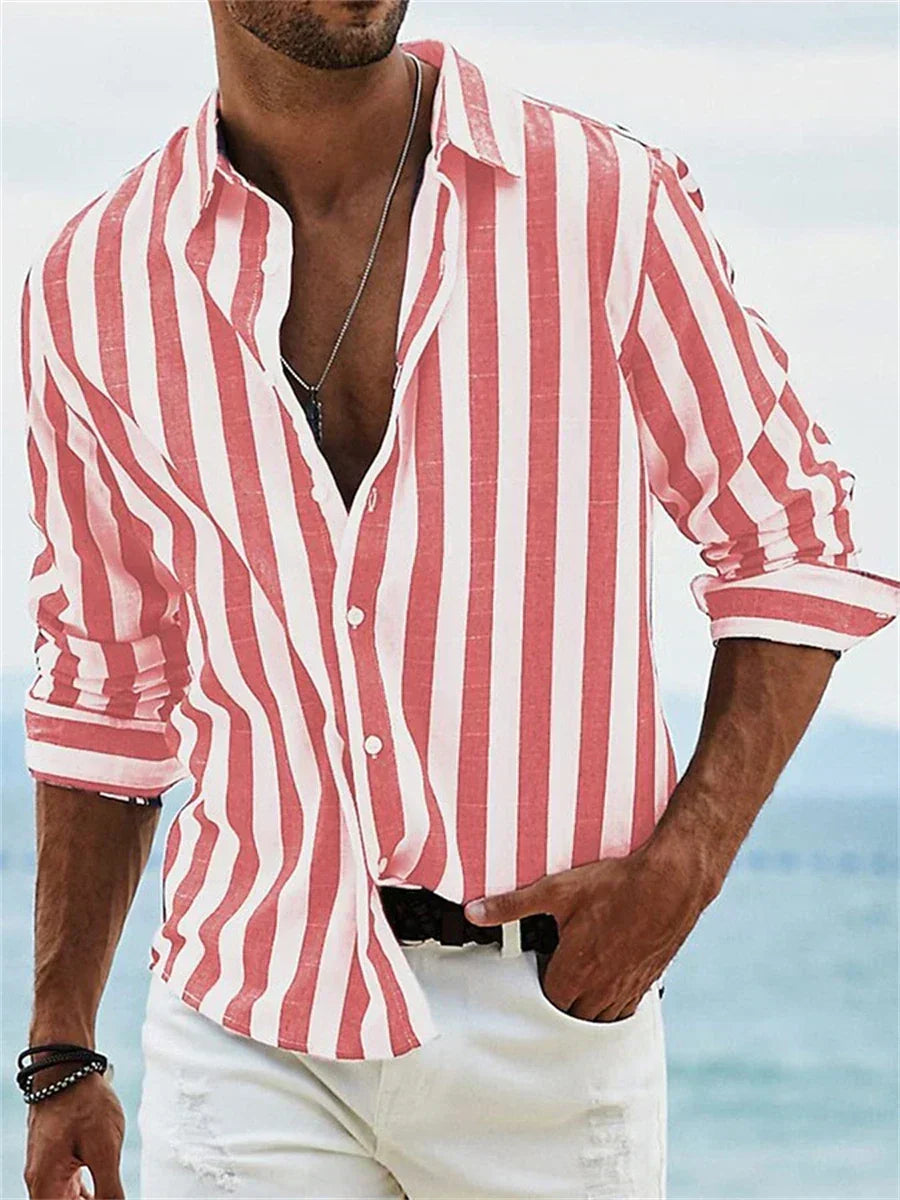 Valentin - Camicia da uomo estiva – Tessuto misto lino/cotone con righe azzurro chiaro e taglio casual