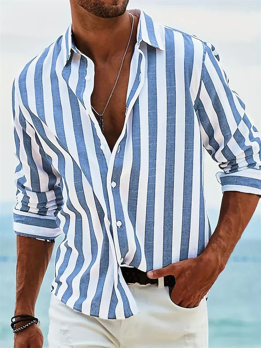Valentin - Camicia da uomo estiva – Tessuto misto lino/cotone con righe azzurro chiaro e taglio casual