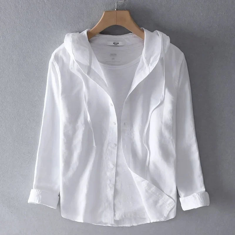Camicia leggera da uomo in lino con cappuccio – Camicia estiva traspirante con bottone