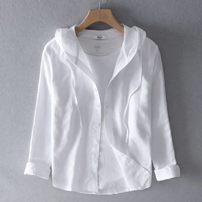 Camicia da uomo leggera in lino con cappuccio – Camicia estiva traspirante con bottoni