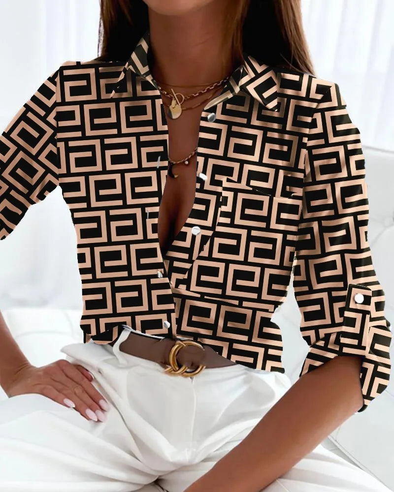 Elegante blusa con stampa astratta per donne – Camicia morbida con bottoni e maniche 3/4