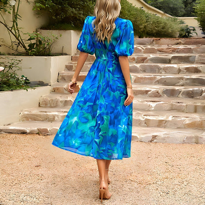 Elegante vestito midi estivo con scollatura a V e stampa floreale – Abito leggero per donne