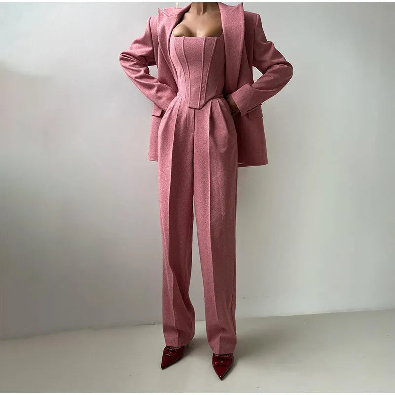 Maëlyse - Completo Tre Pezzi Power Elegance Blazer, Top Corsetto con Zip e Pantaloni a Vita Alta