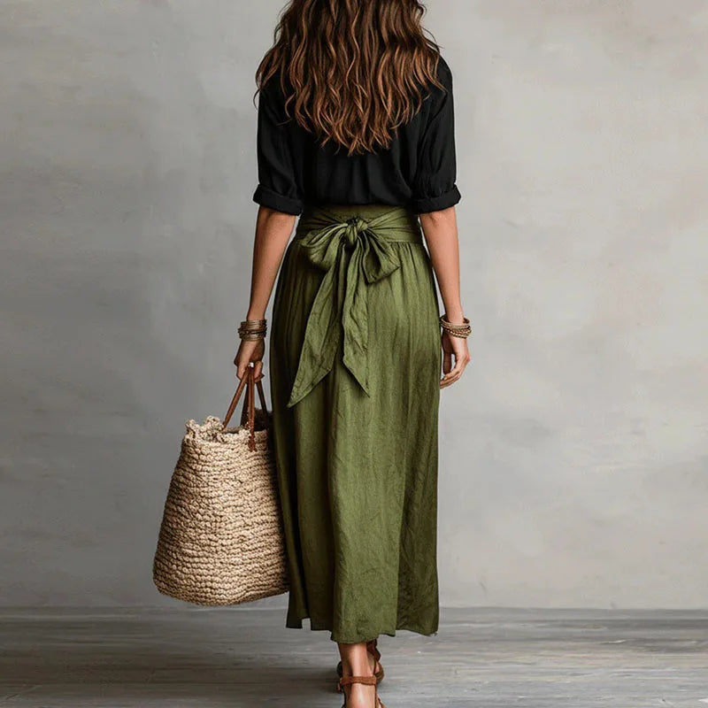 Elegante set a due pezzi con blusa per donne – Maxi gonna fluida con cintura