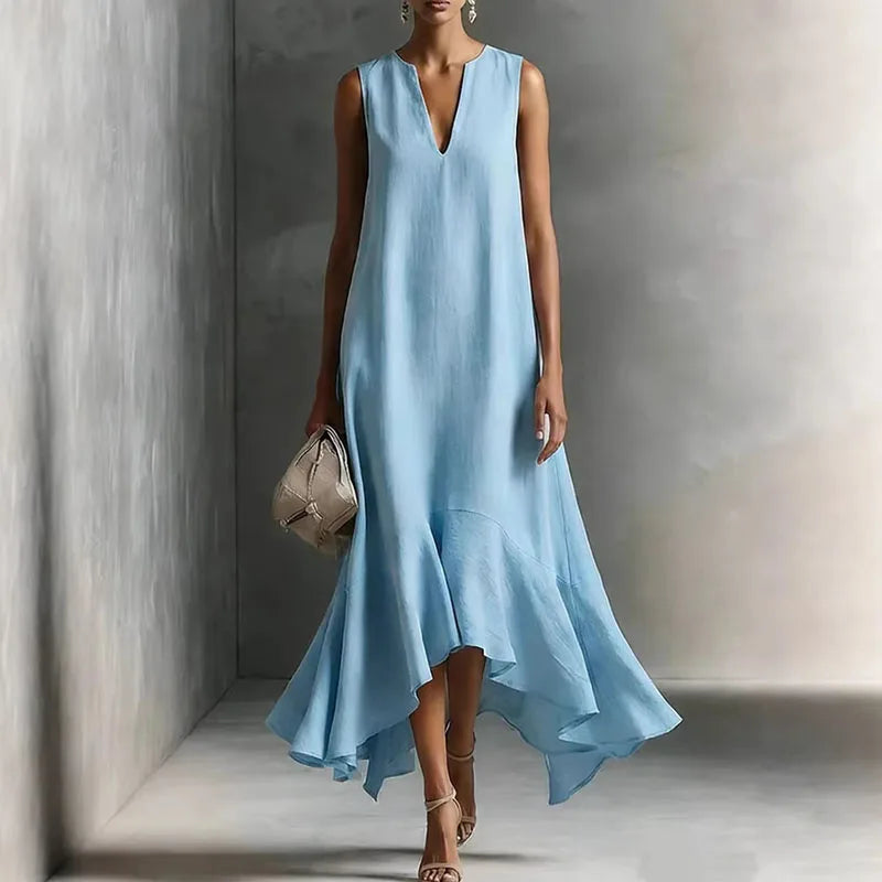 Elegante Maxikleid con orlo a volant per donne – Vestito fluido a A con scollatura a V
