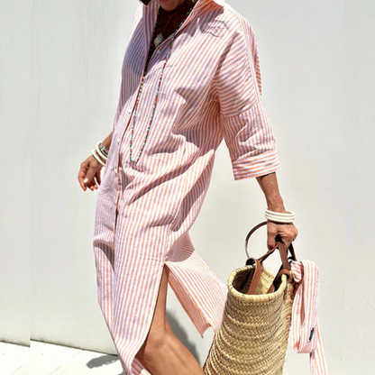 Marie - Abito Camicia a Maniche Lunghe a Righe Primavera-Estate, Comodo ed Elegante, con Sottile Spacco Laterale