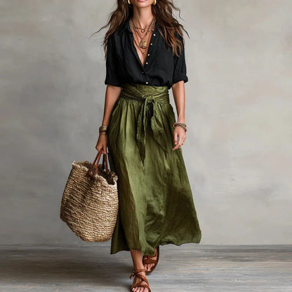 Elegante set a due pezzi con blusa per donne – Maxi gonna fluida con cintura
