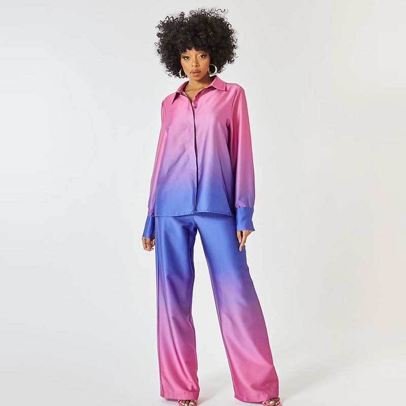 Set bicolore effetto seta con sfumature – Elegante completo blusa e pantaloni per donne