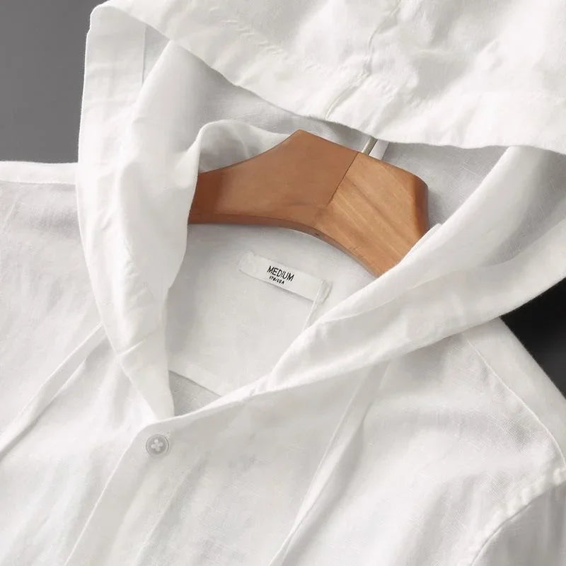 Camicia leggera da uomo in lino con cappuccio – Camicia estiva traspirante con bottone