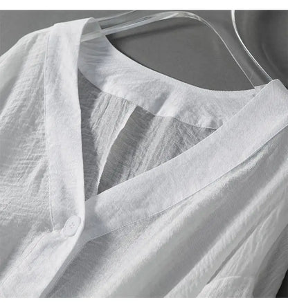 Blusa in lino leggera con maniche a palloncino per donne – Top estivo con scollo a V