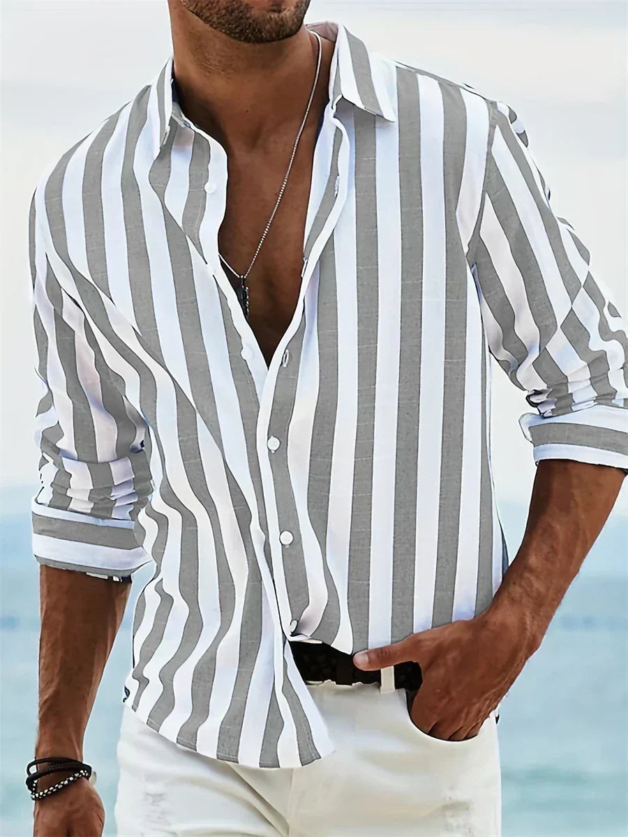 Valentin - Camicia da uomo estiva – Tessuto misto lino/cotone con righe azzurro chiaro e taglio casual