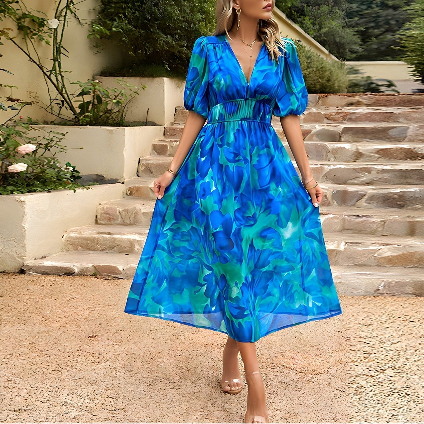 Elegante vestito midi estivo con scollatura a V e stampa floreale – Abito leggero per donne
