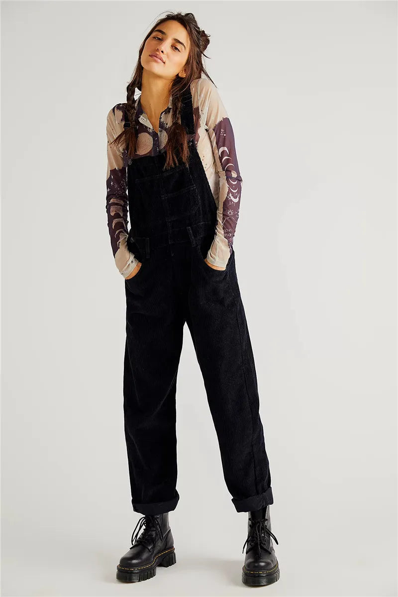 Pantaloni salopette casual da donna in corda con bretelle regolabili e tasche