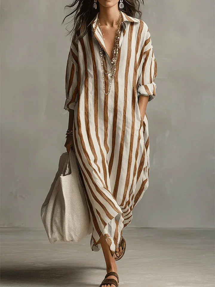 Abito Maxy a righe con colletto per donne - Abito estivo oversize leggero con tasche