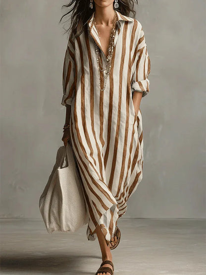Abito Maxy a righe con colletto per donne - Abito estivo oversize leggero con tasche
