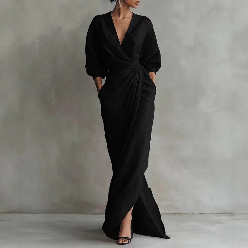 Elegante Maxikleid mit Drapierung für Damen – Figurbetontes Wickelkleid mit V-Ausschnitt