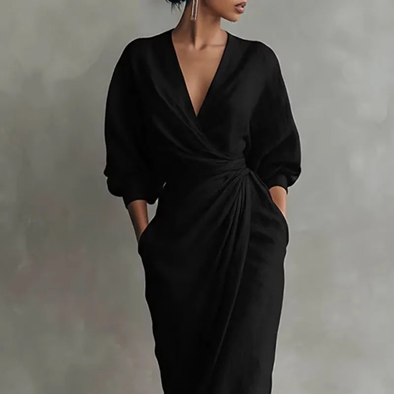 Elegante Maxikleid mit Drapierung für Damen – Figurbetontes Wickelkleid mit V-Ausschnitt