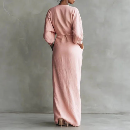 Elegante Maxikleid mit Drapierung für Damen – Figurbetontes Wickelkleid mit V-Ausschnitt