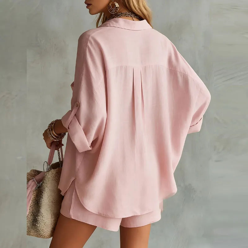 Set due pezzi casual per donne – Blusa leggera con pantaloni corti in stile estivo