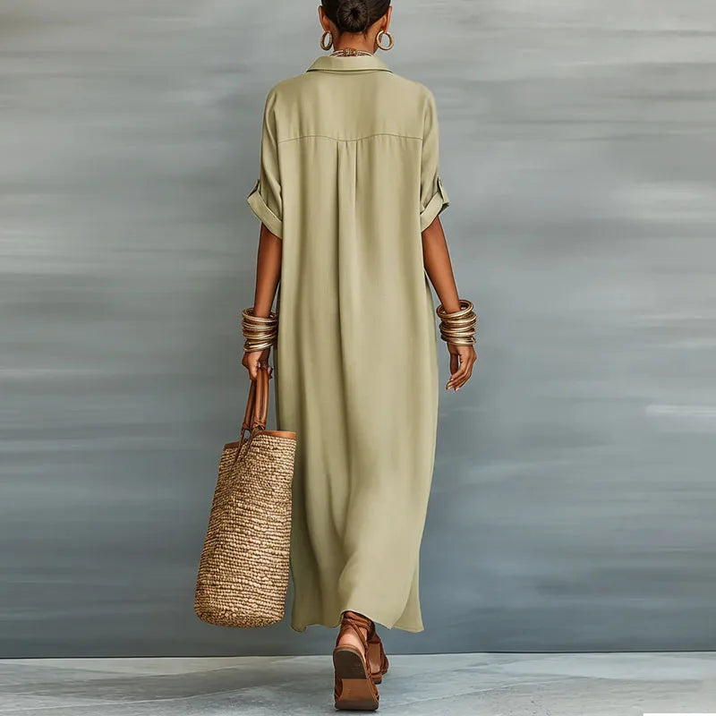 Abito lungo a camicia con bottoni per donne – Abito maxi leggero in effetto lino