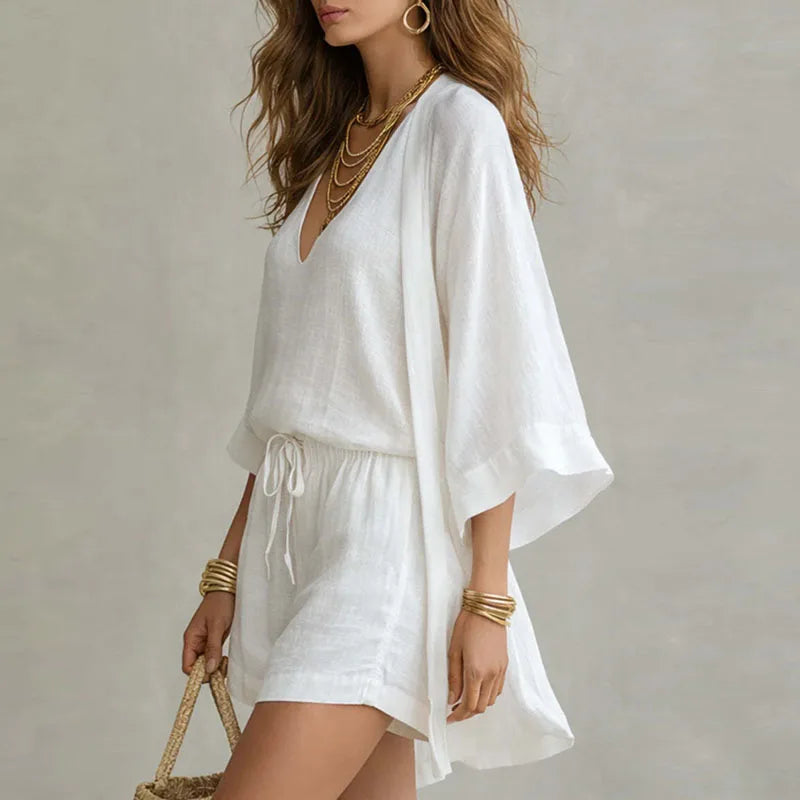 Set due pezzi casual per donne – Outfit estivo leggero con kimono e pantaloni corti