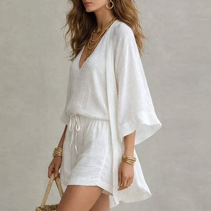 Set due pezzi casual per donne – Outfit estivo leggero con kimono e pantaloni corti