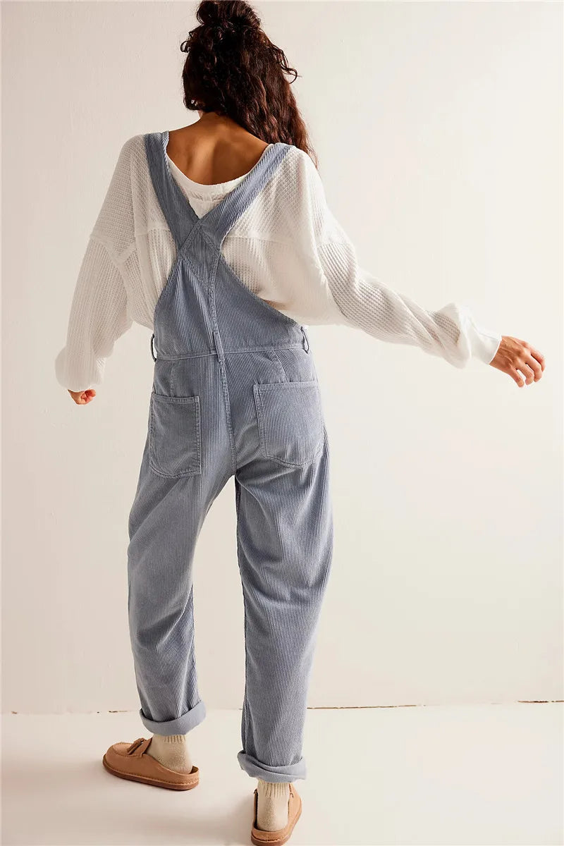 Pantaloni salopette casual da donna in corda con bretelle regolabili e tasche