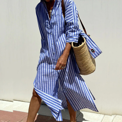 Marie - Abito Camicia a Maniche Lunghe a Righe Primavera-Estate, Comodo ed Elegante, con Sottile Spacco Laterale