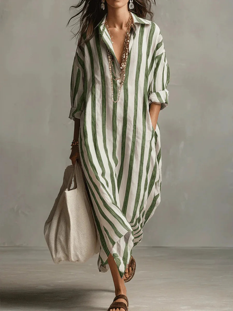 Abito Maxy a righe con colletto per donne - Abito estivo oversize leggero con tasche
