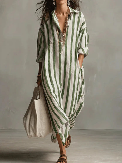Abito Maxy a righe con colletto per donne - Abito estivo oversize leggero con tasche